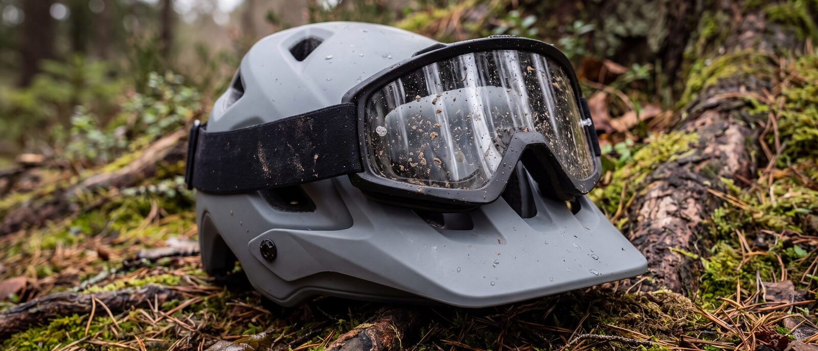 Immagine generata: maschera MTB con la lente infangata appoggiata su un casco MTB grigio con visiera, sul muschio del bosco