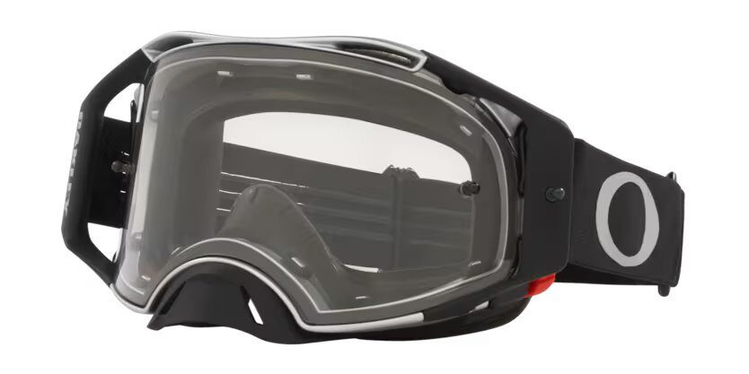 Maschera MTB Oakley Airbrake MX nera con lente trasparente, vista di tre quarti su fondo bianco